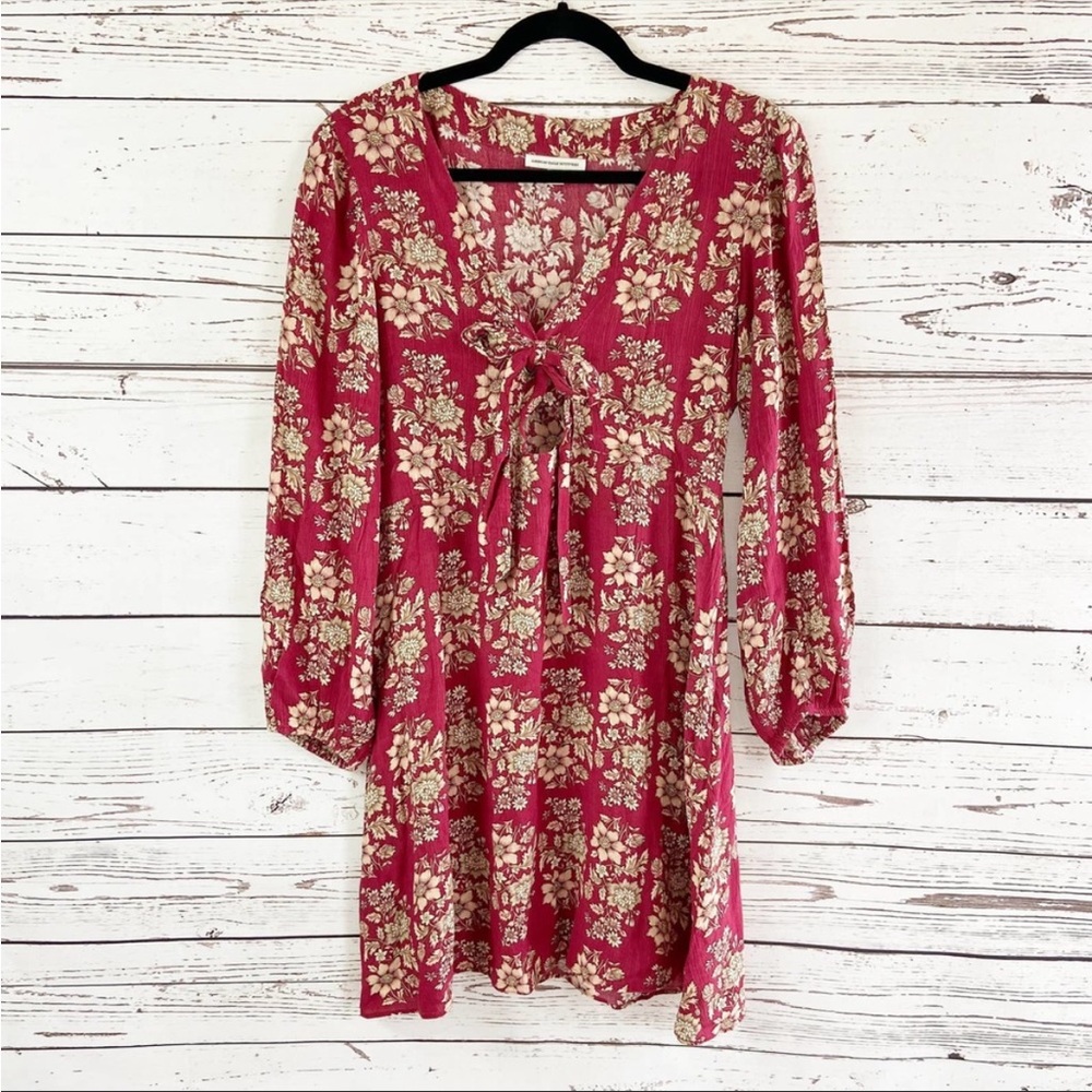 American Eagle Medium Red Prairie Boho Paisley Floral Long Sleeve Sheath Dress